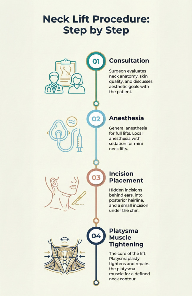 Neck lift in Iran procedure infographic showing consultation, anesthesia, incisions and platysmaplasty steps at Ceritamed