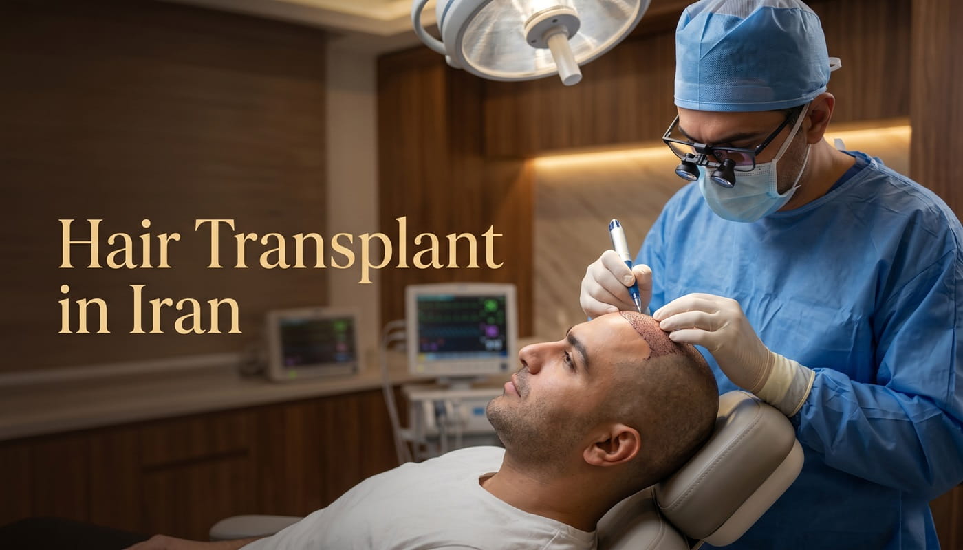 Header image of a patient receiving a professional hair transplant procedure in Iran inside a modern hair restoration clinic.