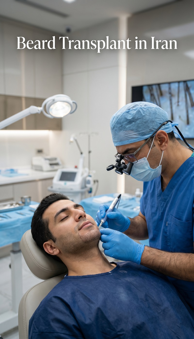 Professional beard transplant procedure in Iran performed by a specialist in a modern aesthetic clinic.