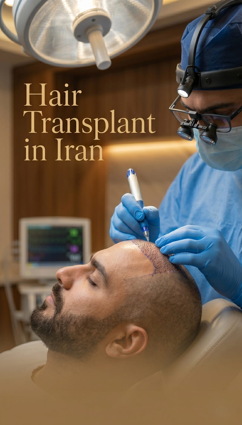 Header image of a patient receiving a professional hair transplant procedure in Iran inside a modern hair restoration clinic.
