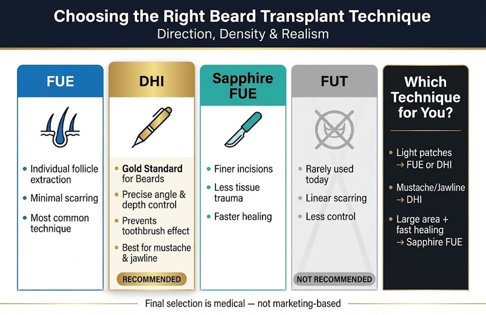 Infographic comparing FUE, DHI, and Sapphire FUE beard transplant techniques in Iran for natural facial hair restoration.