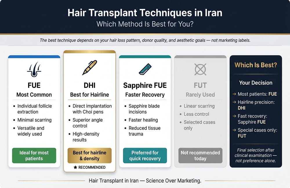 Infographic comparing hair transplant techniques in Iran including FUE, DHI, Sapphire FUE, and FUT with benefits, recovery, and hairline results.