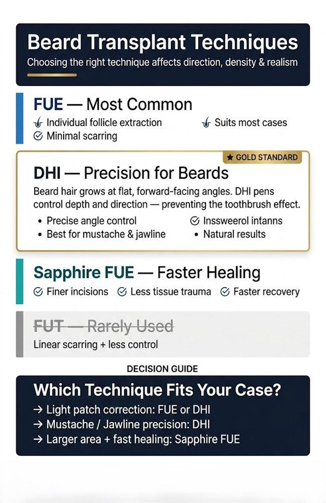 Infographic comparing FUE, DHI, and Sapphire FUE beard transplant techniques in Iran for natural facial hair restoration.