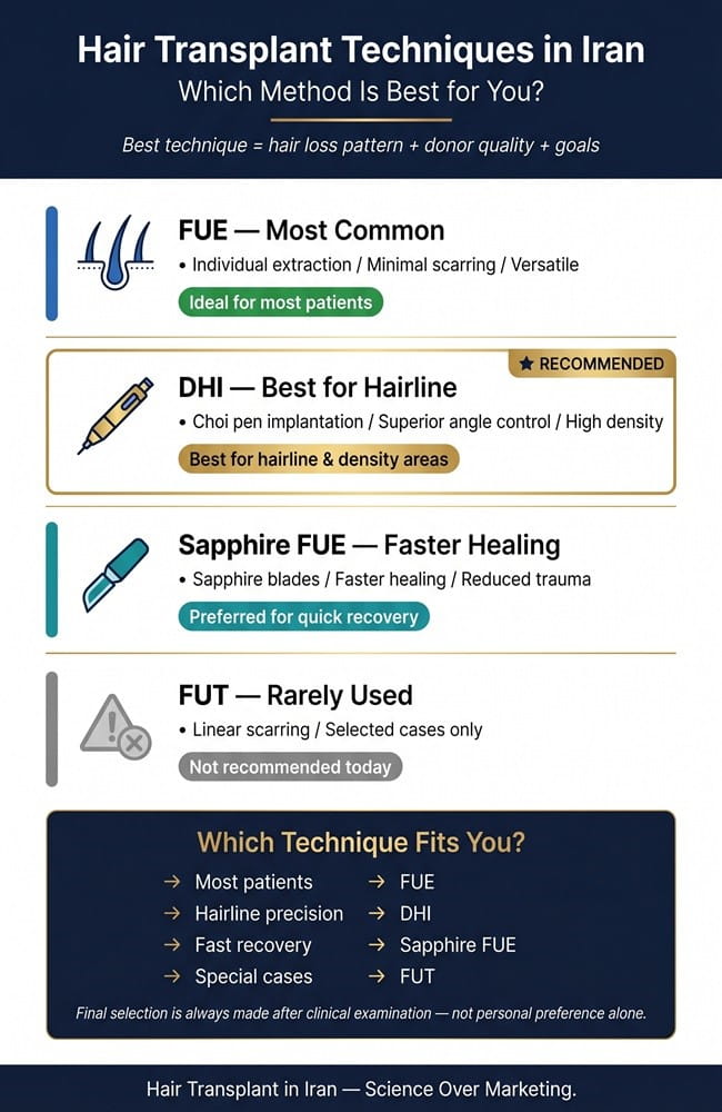 Infographic comparing hair transplant techniques in Iran including FUE, DHI, Sapphire FUE, and FUT with benefits, recovery, and hairline results.