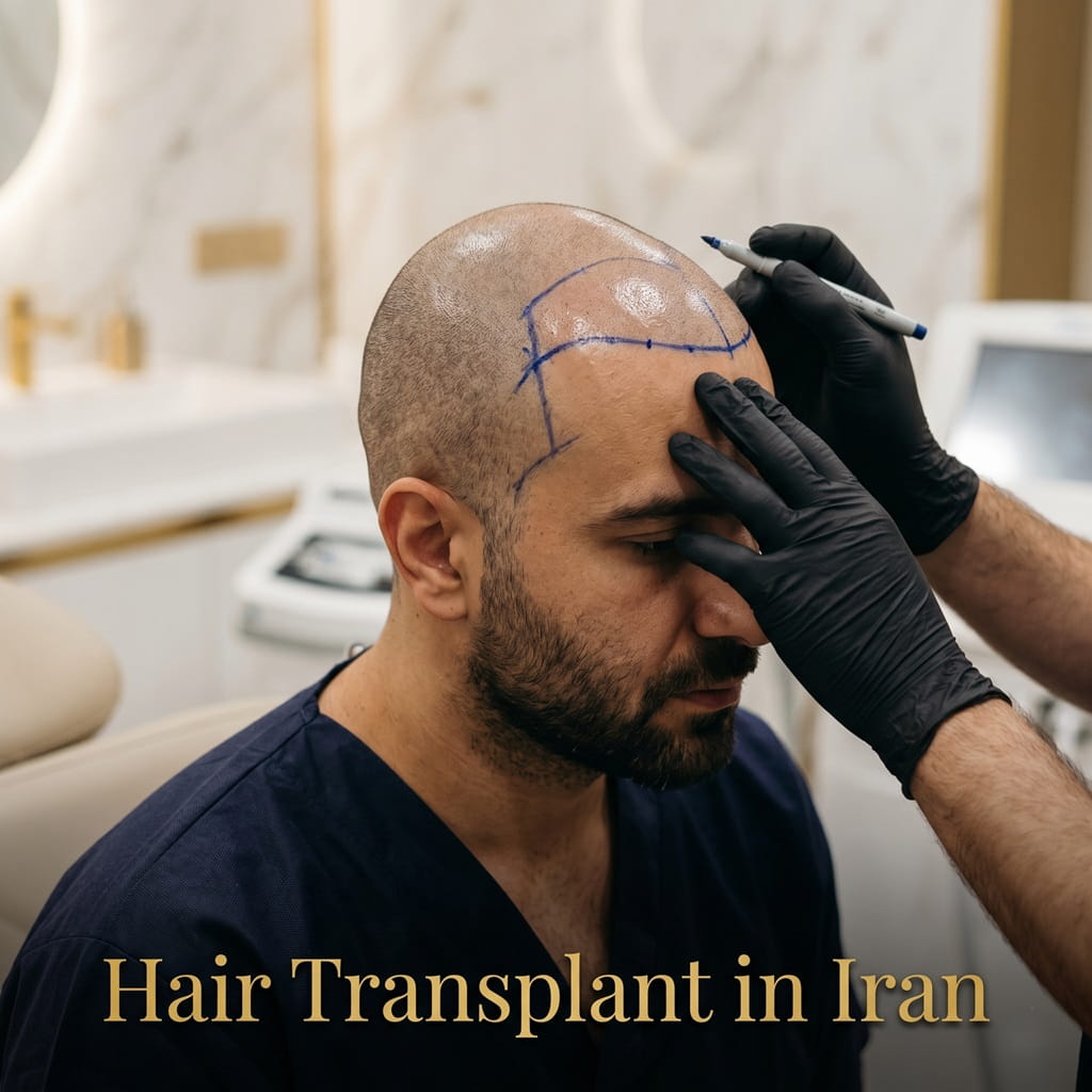 Featured image of a patient undergoing hairline design preparation for a hair transplant procedure in Iran.