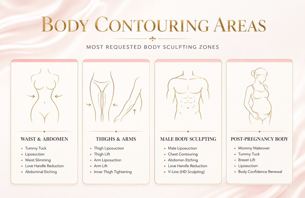 Infographic showing the most popular body contouring areas in Iran including abdomen, thighs, arms, male body sculpting, and post-pregnancy body treatments.