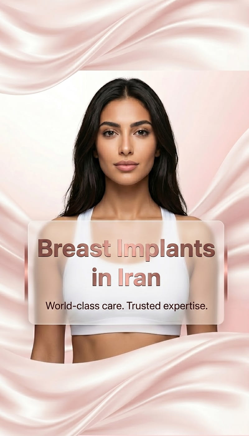 Professional medical header showing a woman and a breast implant model for breast augmentation in Iran by Ceritamed.