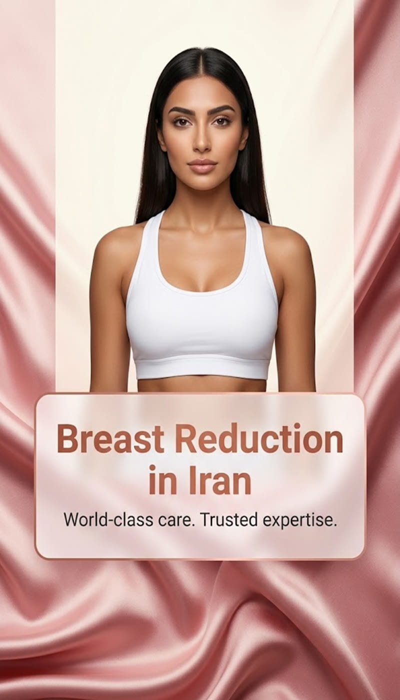 Luxury header design for breast reduction surgery in Iran featuring elegant body contour aesthetics and cosmetic surgery branding by Ceritamed.