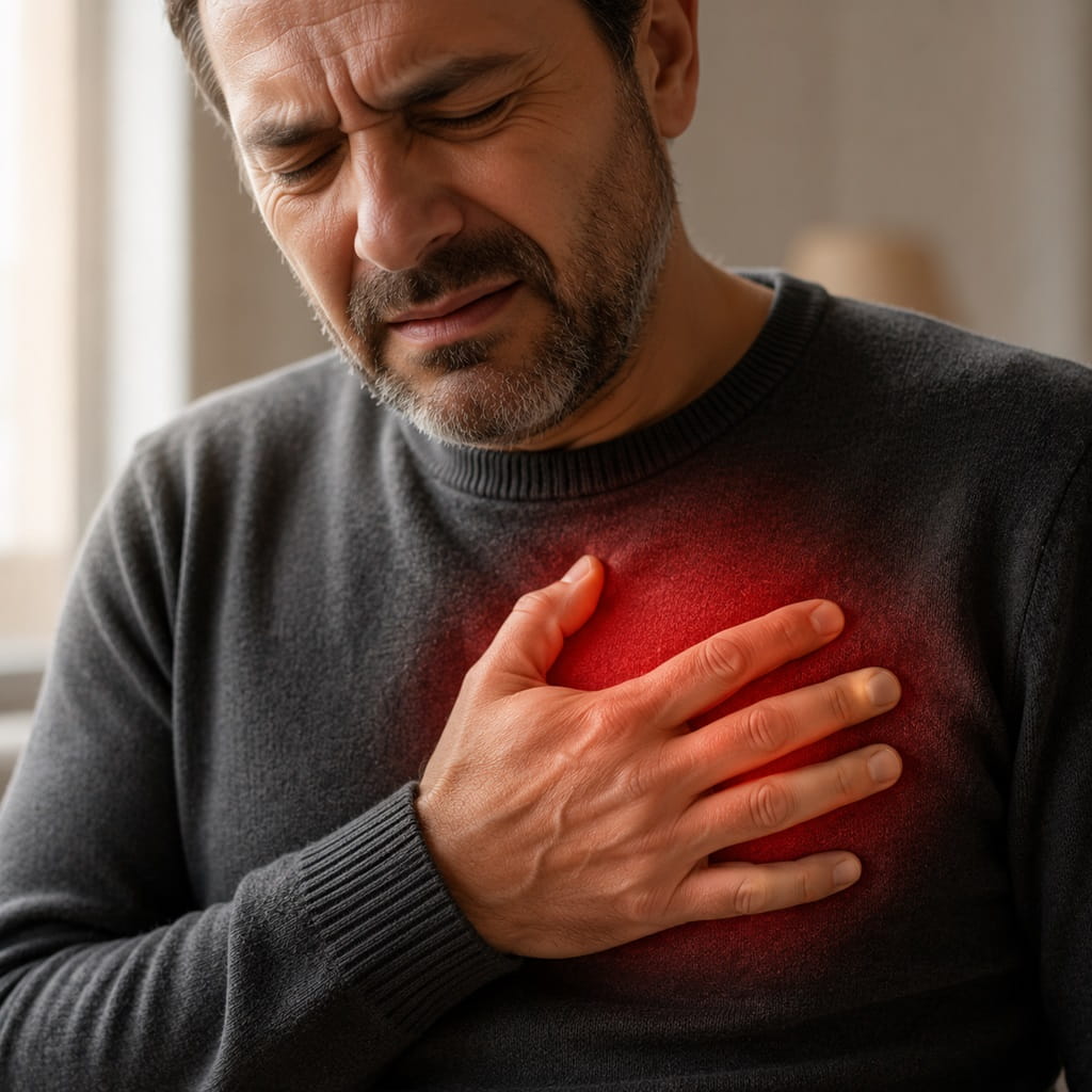 Middle-aged man experiencing chest pain, representing cardiovascular disease that can be successfully diagnosed and treated in Iran through Ceritamed.