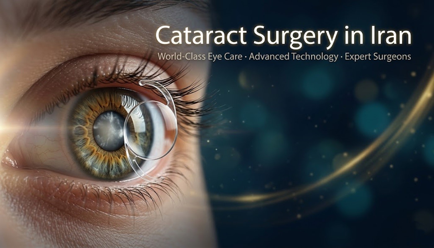 A close-up concept of an eye with a premium intraocular lens implant for cataract surgery in Iran banner by Ceritamed