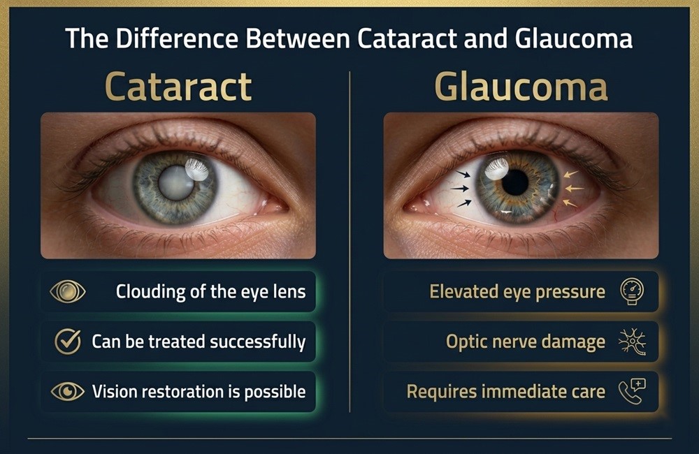 Infographic chart explaining the difference between cataract and glaucoma, highlighting symptoms and vision restoration for cataract surgery in Iran by Ceritamed