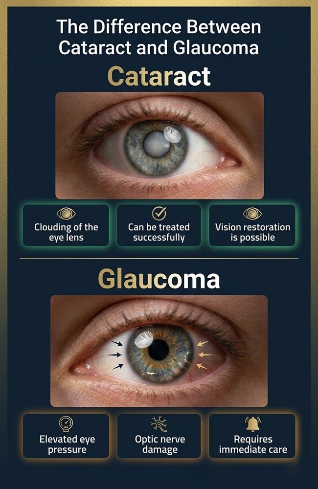 Infographic chart explaining the difference between cataract and glaucoma, highlighting symptoms and vision restoration for cataract surgery in Iran by Ceritamed