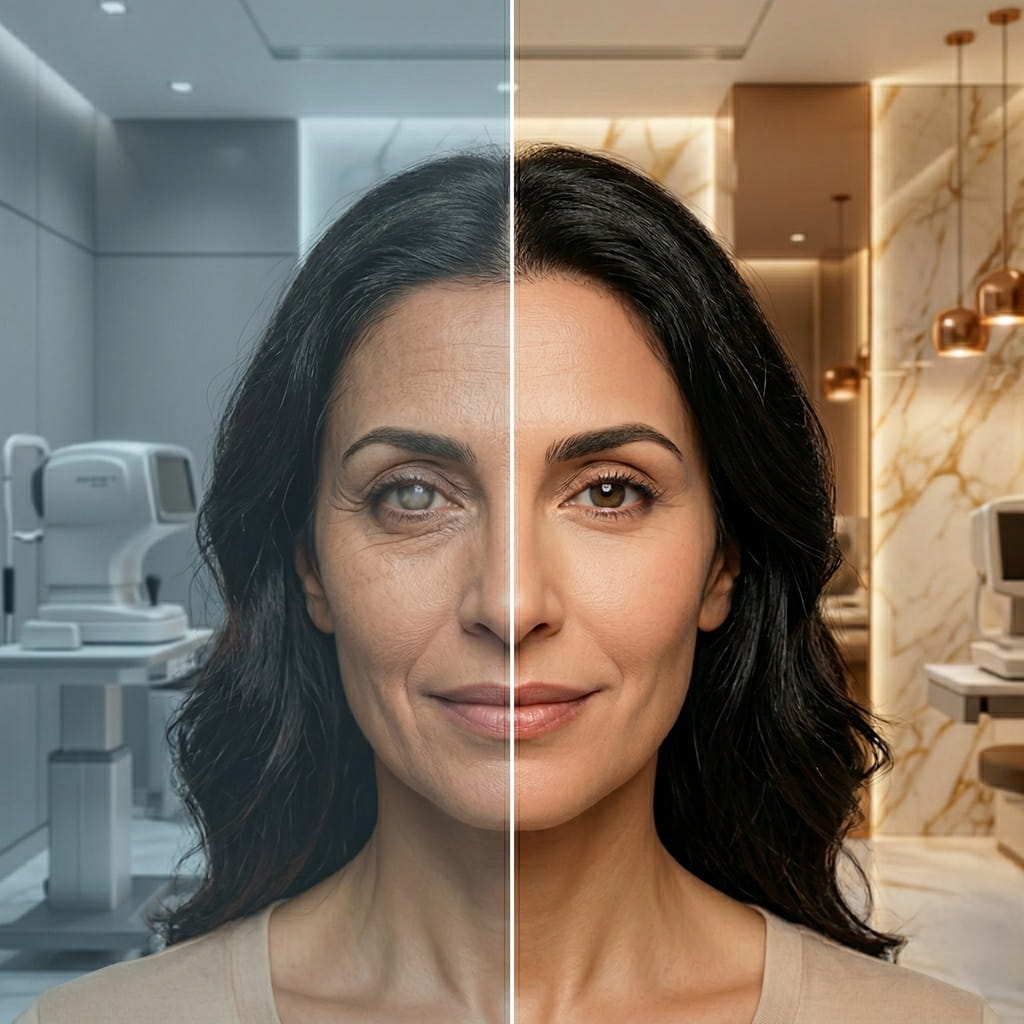 A split before and after concept showing a cloudy cataract eye and a crystal clear treated eye for cataract surgery in Iran by Ceritamed