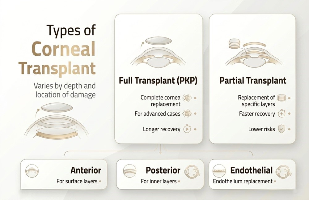 Infographic diagram explaining the types of corneal transplant surgery in Iran, comparing full PKP and partial keratoplasty procedures by Ceritamed