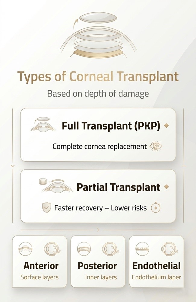 Infographic diagram explaining the types of corneal transplant surgery in Iran, comparing full PKP and partial keratoplasty procedures by Ceritamed