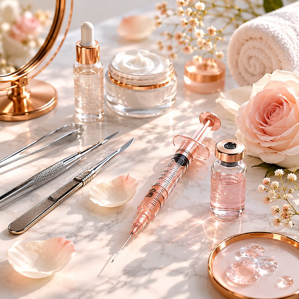 Luxury cosmetic treatment tools and skincare products in an elegant aesthetic beauty clinic setting in Iran.