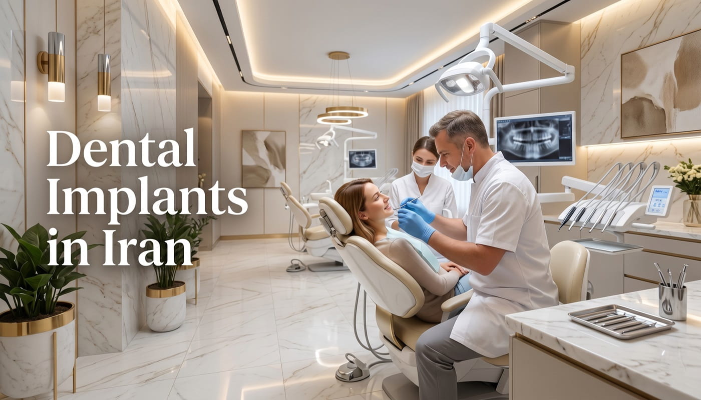 Modern luxury dental clinic interior with professional dentists and patient for dental implants in Iran services by Ceritamed.