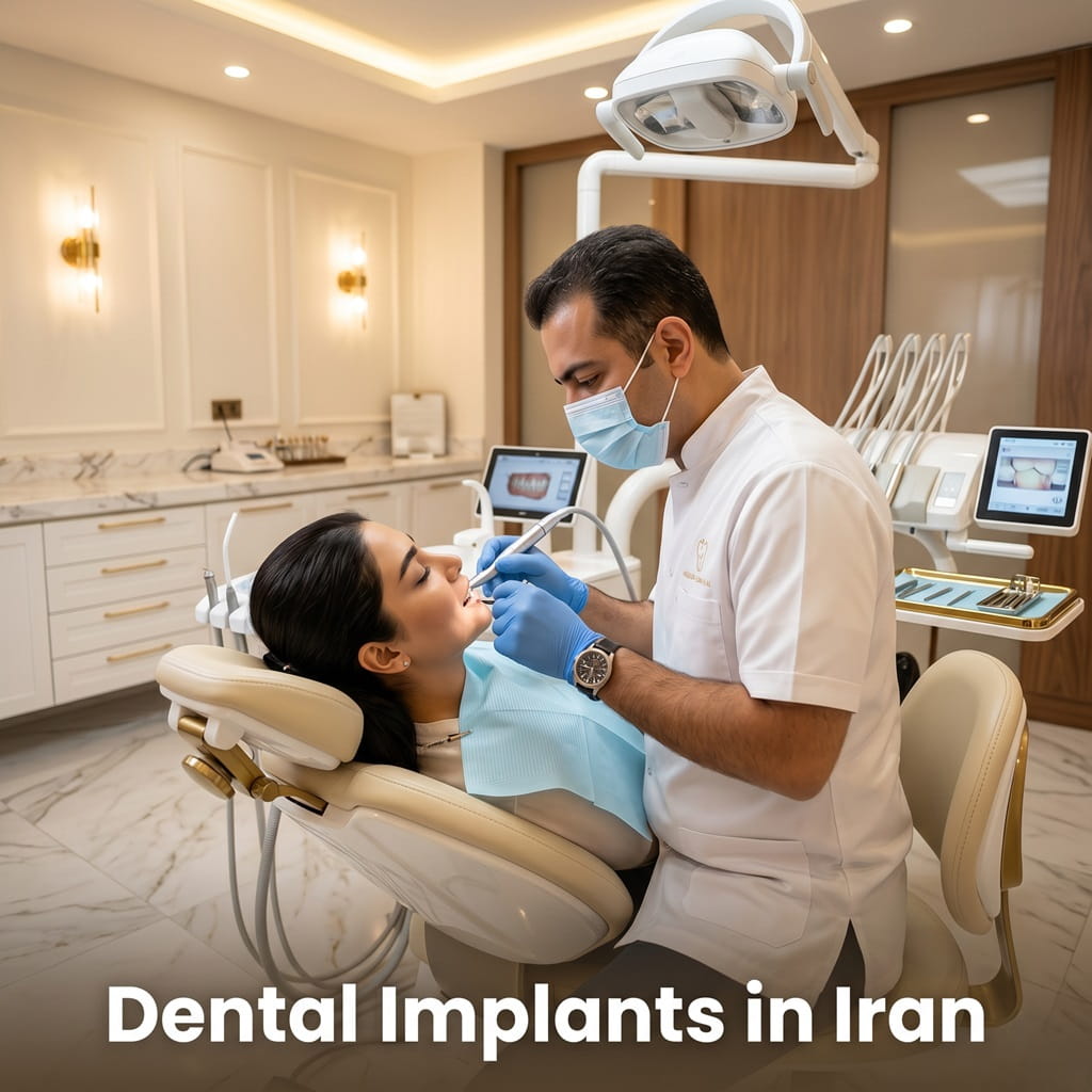 Professional dentist performing a dental implant procedure for a patient in a modern clinic in Iran.