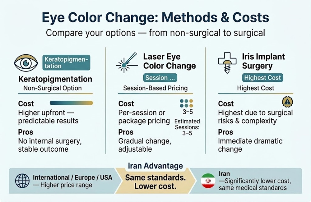 Infographic comparing eye color change surgery methods including Keratopigmentation and Laser surgery with cost benefits of choosing Iran through Ceritamed.