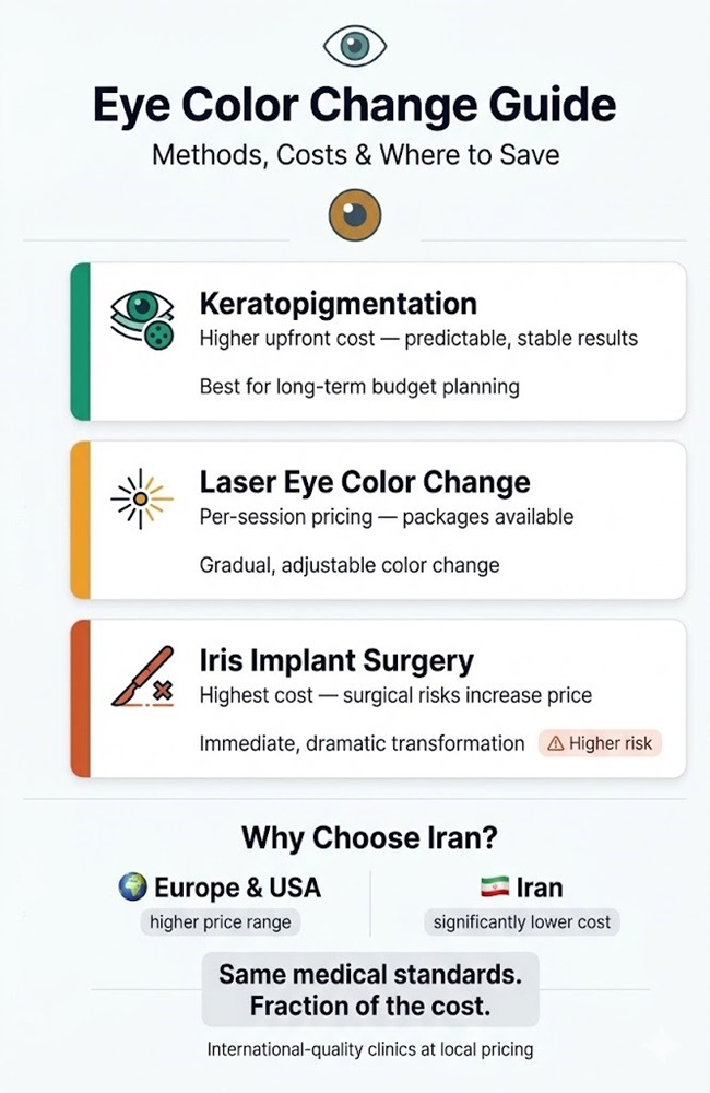 Infographic comparing eye color change surgery methods including Keratopigmentation and Laser surgery with cost benefits of choosing Iran through Ceritamed.