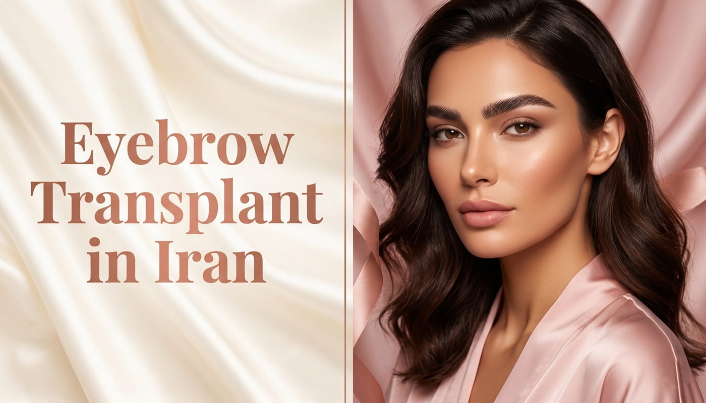 Luxury eyebrow transplant in Iran header image featuring a woman with naturally shaped full eyebrows and soft beauty aesthetic.