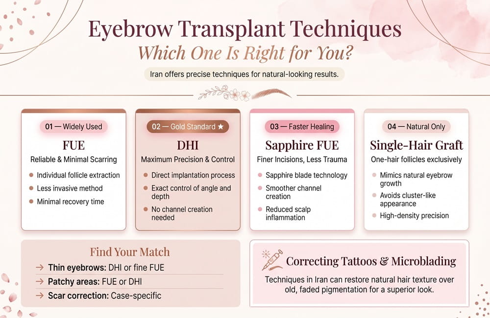 Eyebrow transplant techniques infographic in Iran comparing FUE, DHI, Sapphire FUE, and single-hair graft methods.