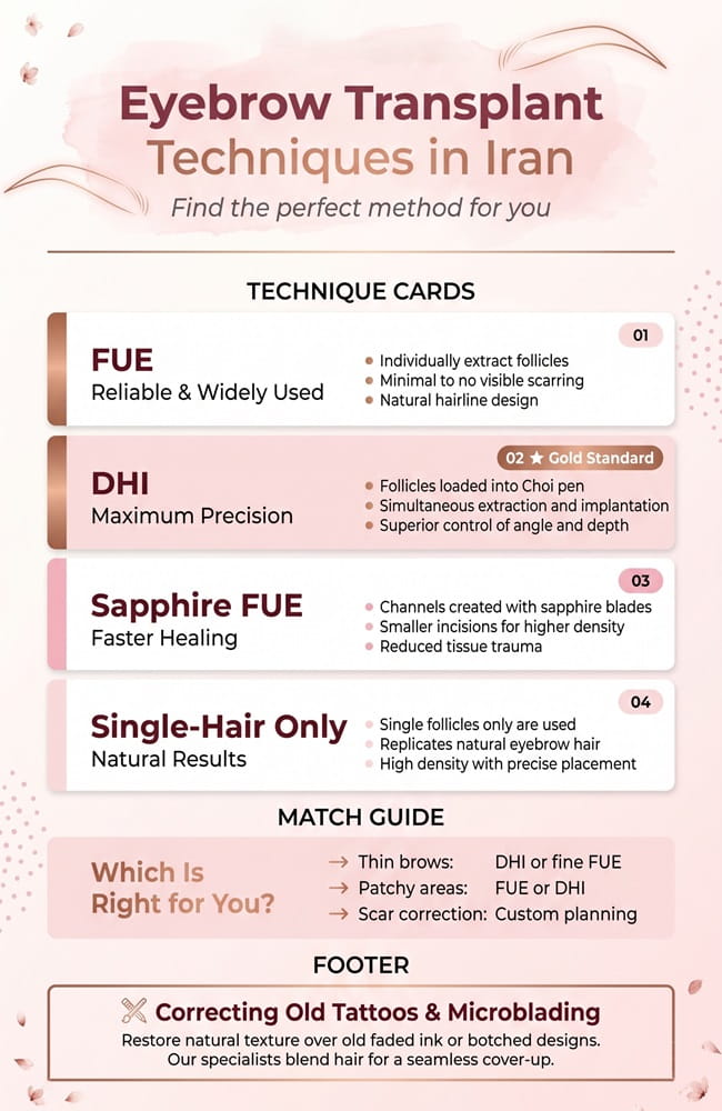 Eyebrow transplant techniques infographic in Iran comparing FUE, DHI, Sapphire FUE, and single-hair graft methods.