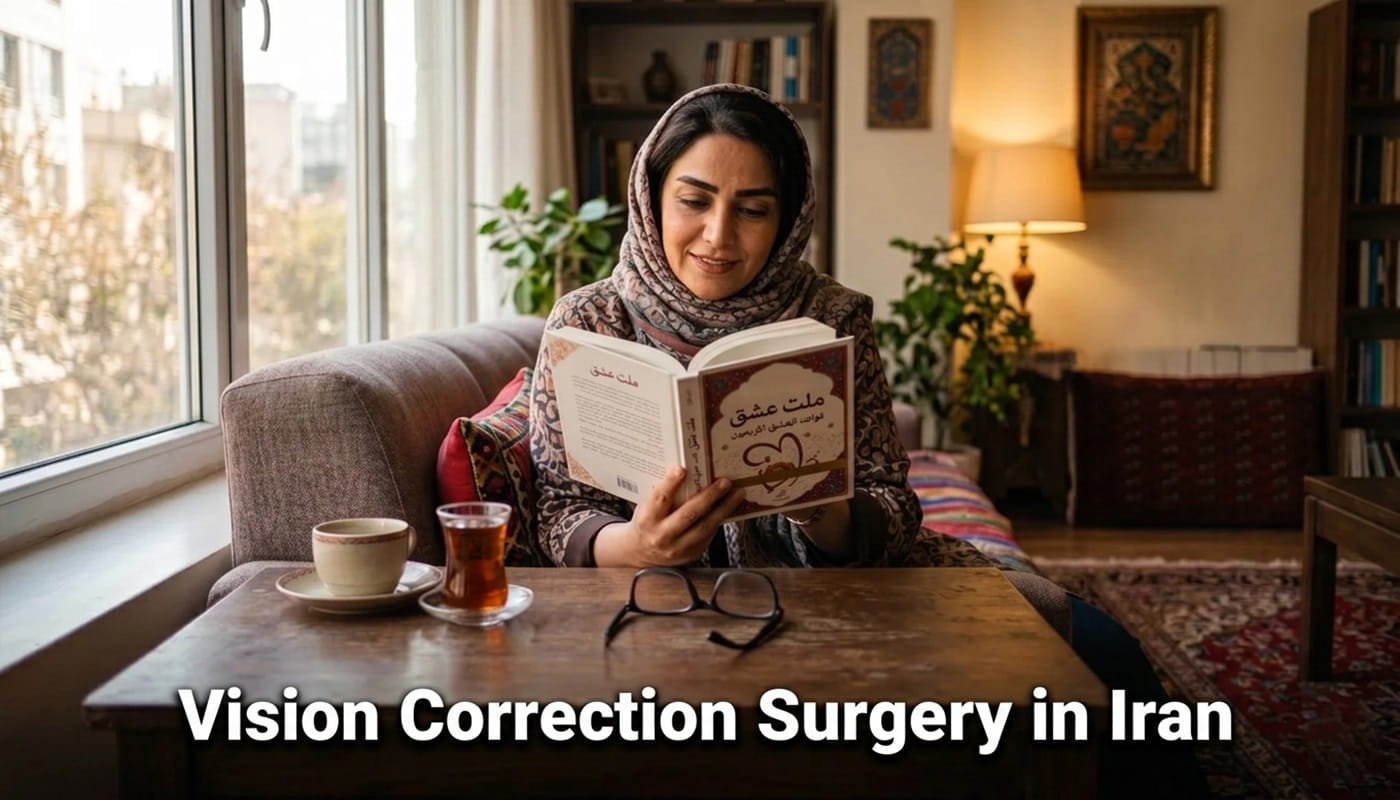 A happy woman reading a book comfortably without glasses after undergoing vision correction surgery in Iran by Ceritamed