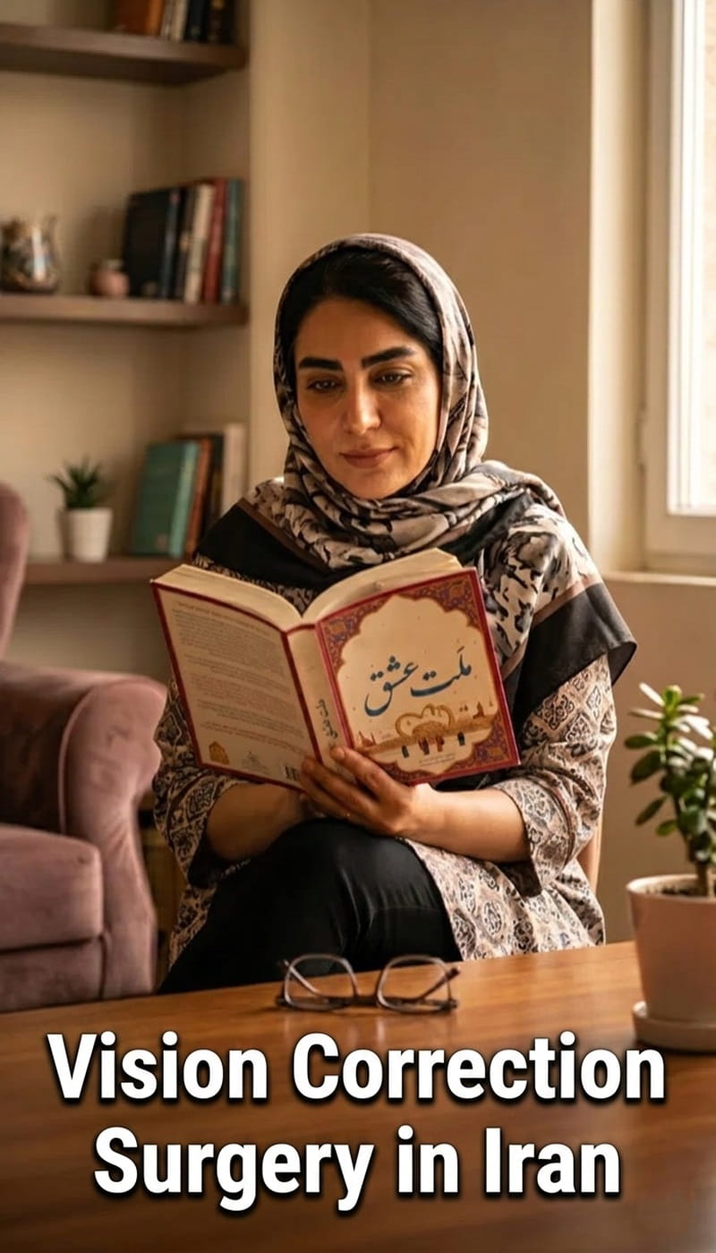 A happy woman reading a book comfortably without glasses after undergoing vision correction surgery in Iran by Ceritamed
