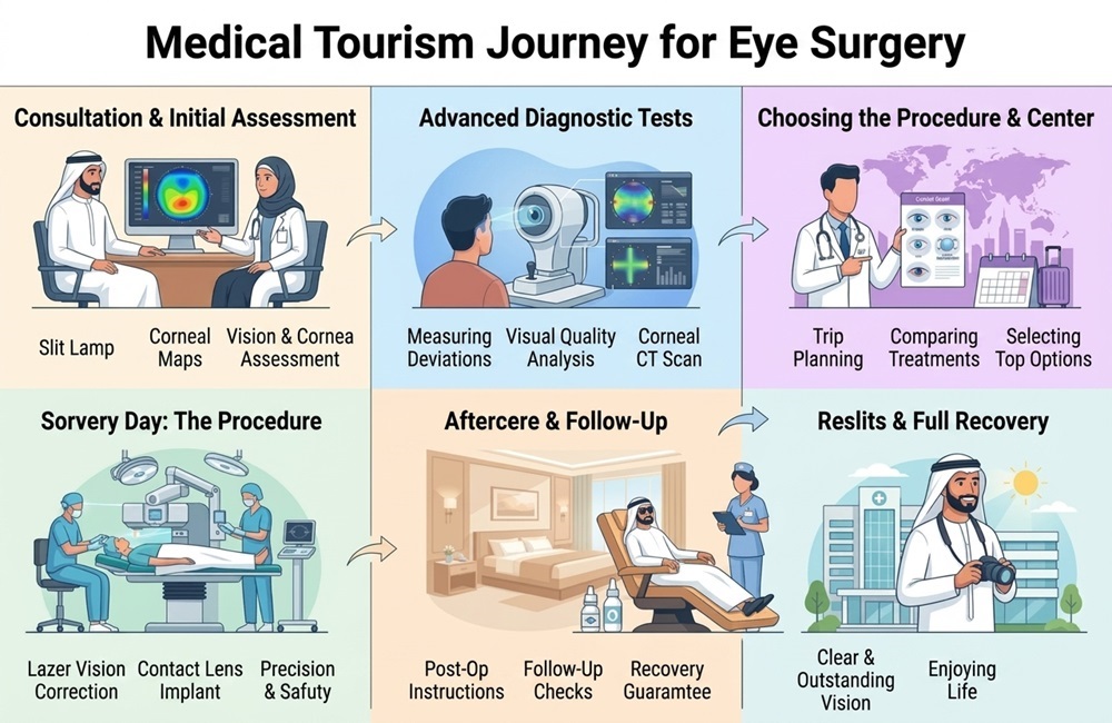 Infographic timeline detailing the 10 to 14 days patient journey for advanced laser vision correction surgery in Iran by Ceritamed