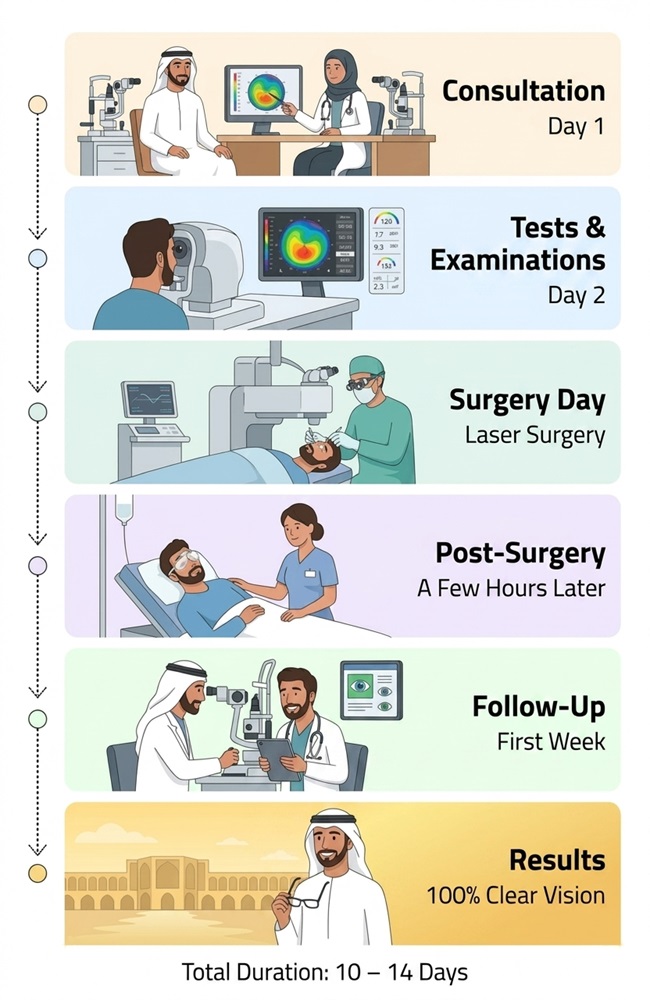 Infographic timeline detailing the 10 to 14 days patient journey for advanced laser vision correction surgery in Iran by Ceritamed