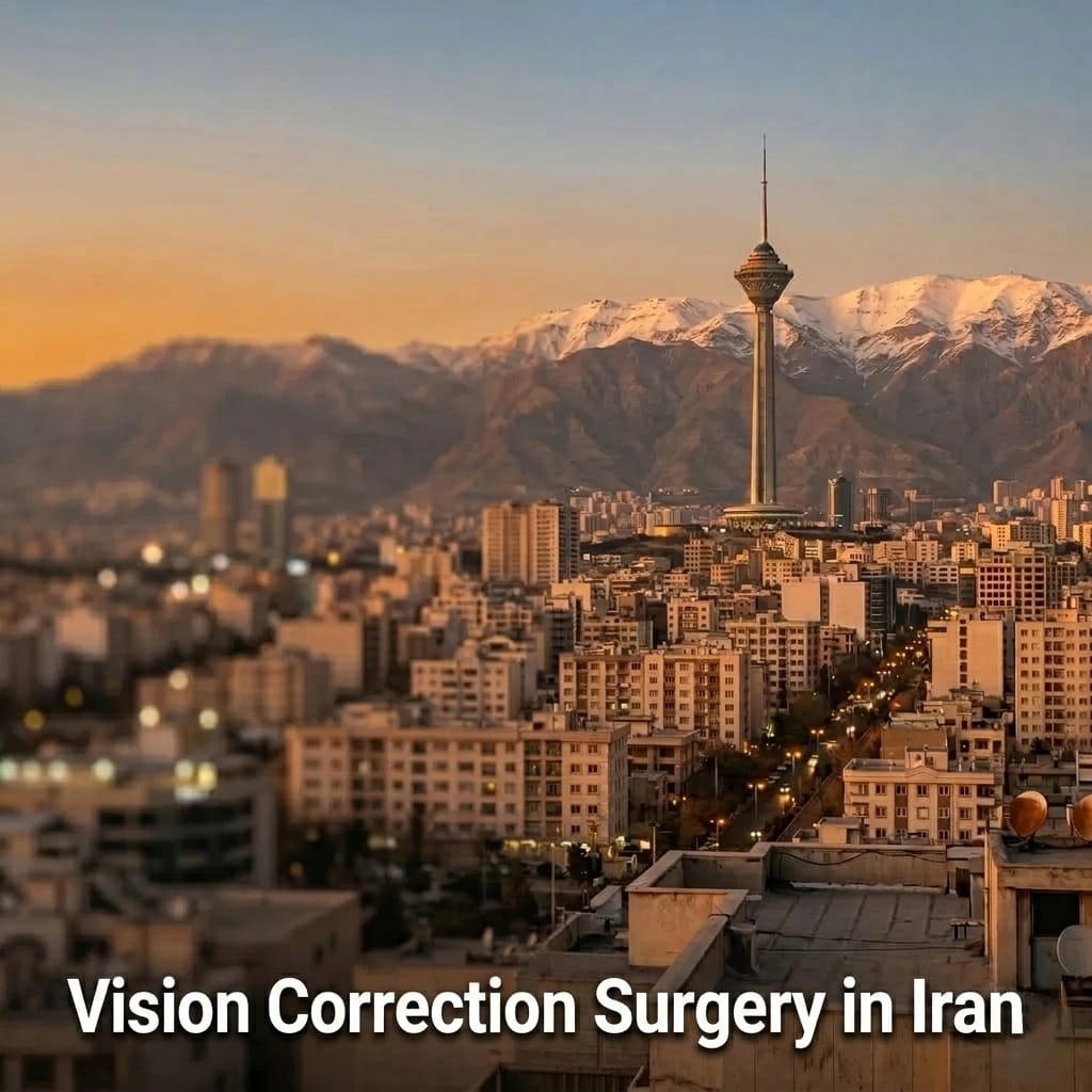 Beautiful Tehran cityscape with Milad Tower promoting affordable vision correction surgery in Iran by Ceritamed