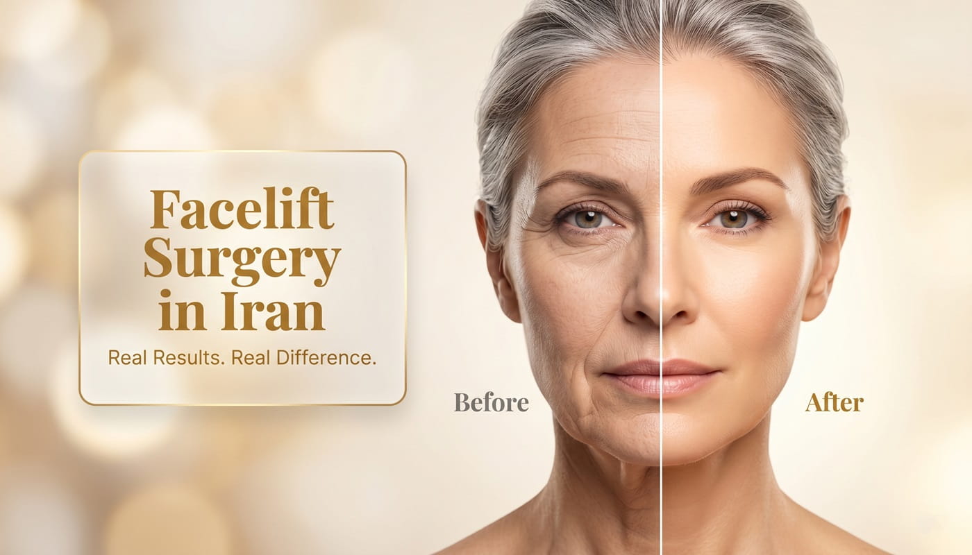Header image showing before and after facelift surgery results in Iran with visible facial rejuvenation and anti-aging improvements.