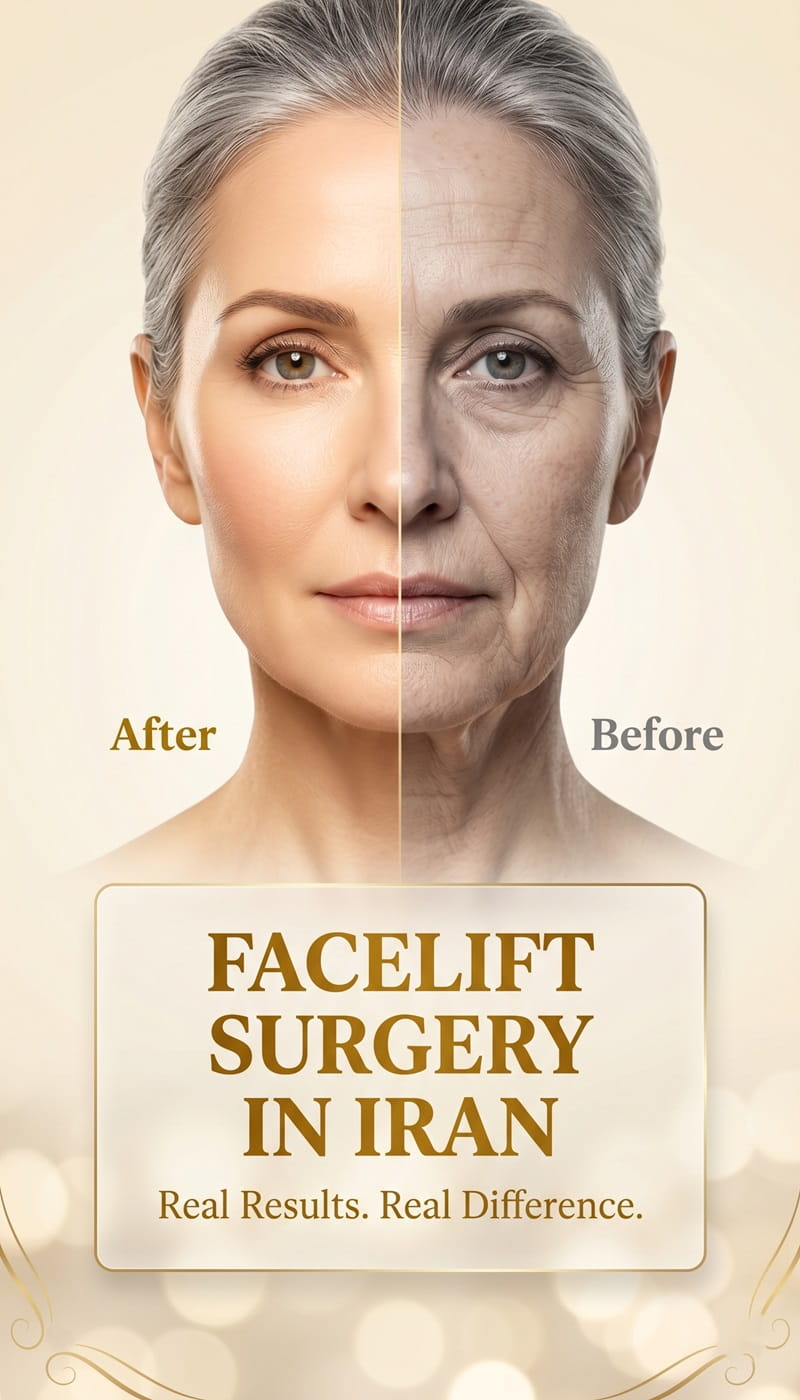 Header image showing before and after facelift surgery results in Iran with visible facial rejuvenation and anti-aging improvements.