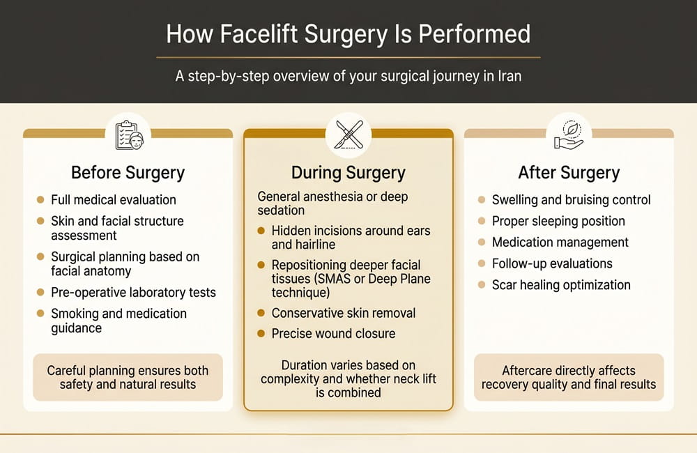 Infographic showing the step-by-step process of facelift surgery in Iran including before surgery preparation, facelift procedure details, and recovery after surgery.