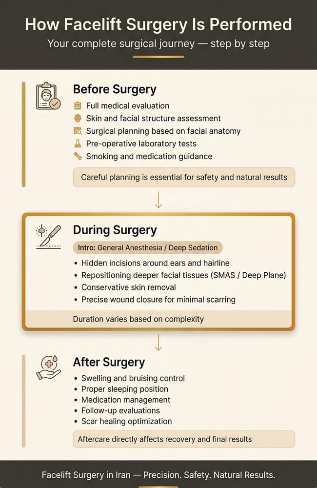 Infographic showing the step-by-step process of facelift surgery in Iran including before surgery preparation, facelift procedure details, and recovery after surgery.