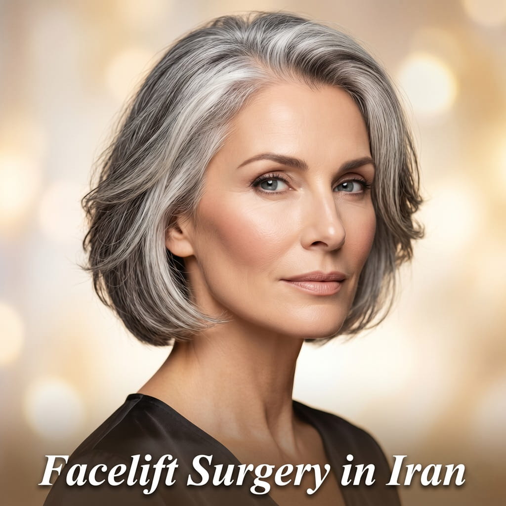 Elegant featured image representing facelift surgery in Iran with a mature woman showing youthful and natural facial rejuvenation results.