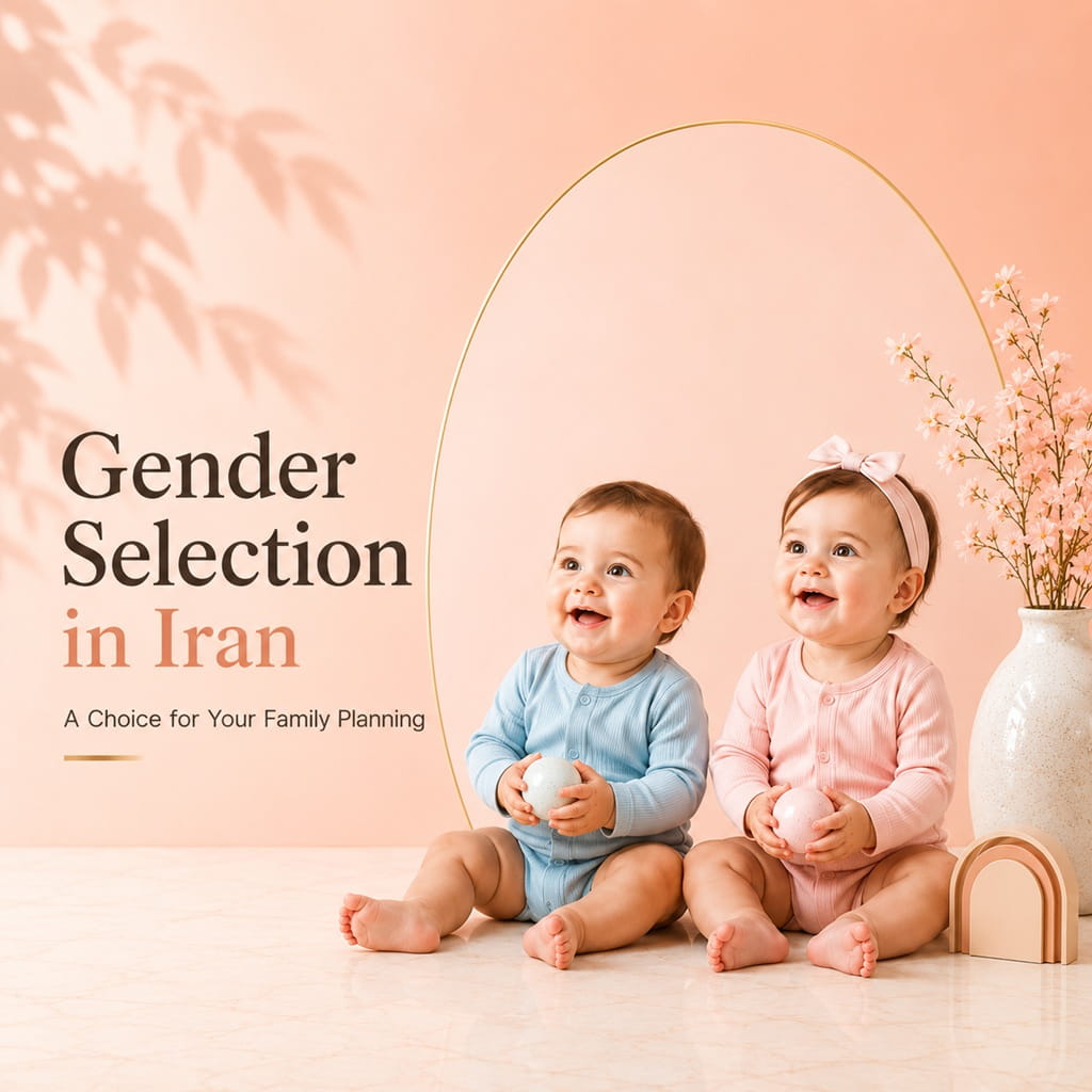 Illustration representing gender selection in Iran using IVF and PGD for family balancing and fertility treatment.