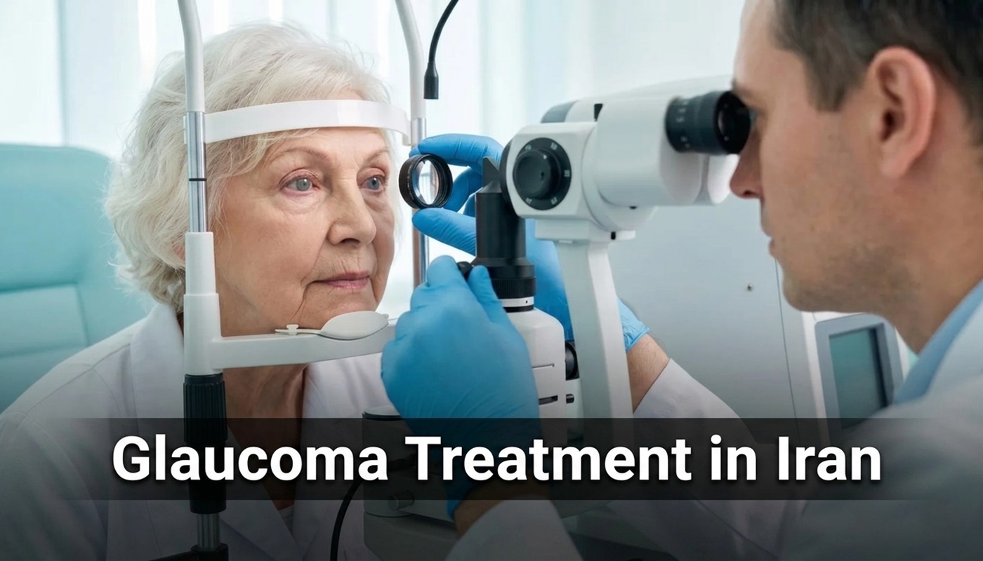 An ophthalmologist examining a senior patient's eye using a slit lamp for glaucoma treatment in Iran clinic