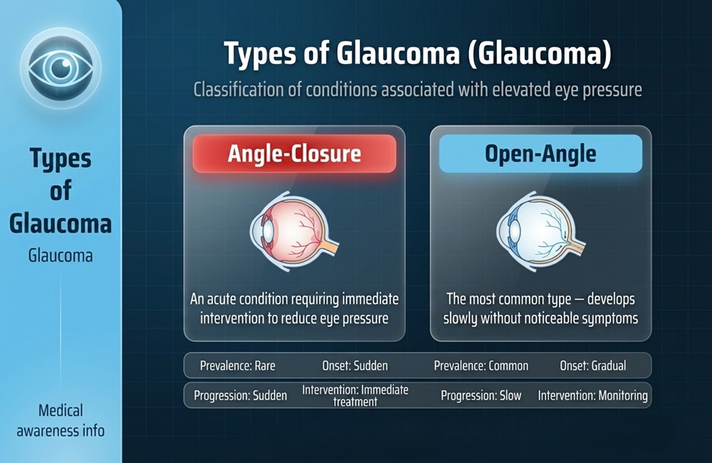 Infographic chart comparing open-angle and angle-closure glaucoma types, onset, and progression for glaucoma treatment in Iran by Ceritamed