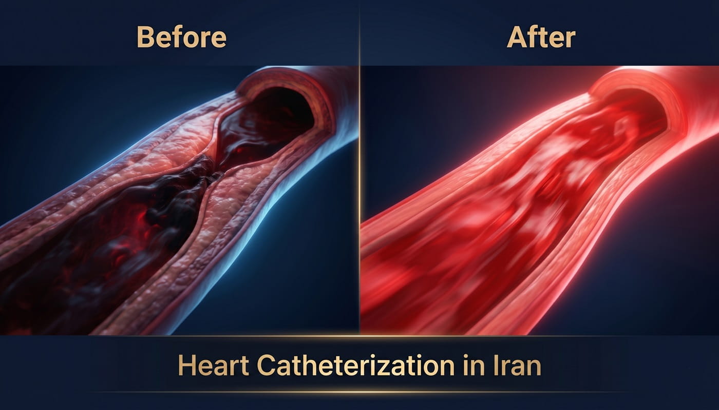 Before and after visualization of blocked artery treatment showing improved blood flow after heart catheterization in Iran by Ceritamed.