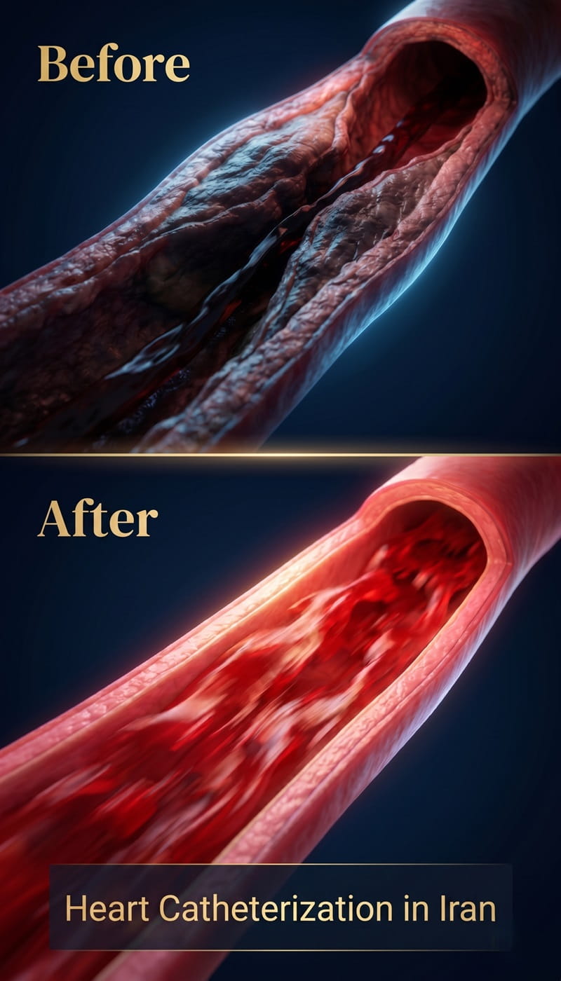 Before and after visualization of blocked artery treatment showing improved blood flow after heart catheterization in Iran by Ceritamed.