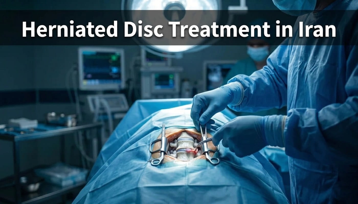 A modern medical operating room scene displaying advanced spine surgery for herniated disc treatment in Iran by Ceritamed.