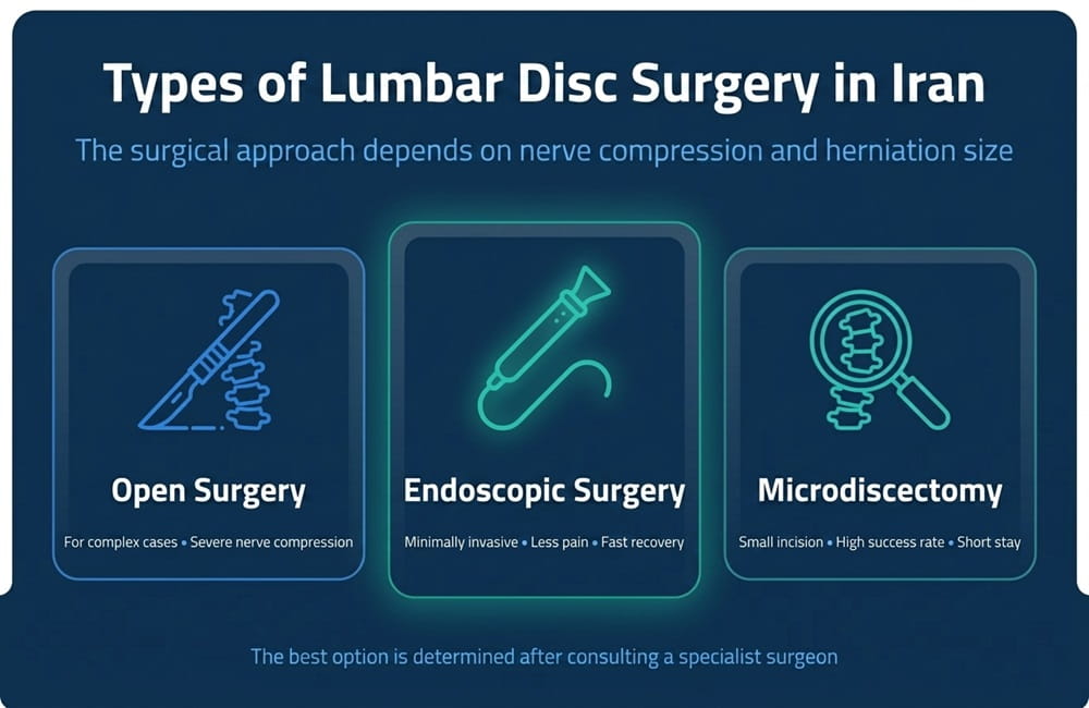 An informative spine care infographic showing three main types of lumbar disc surgery for herniated disc treatment in Iran by Ceritamed.