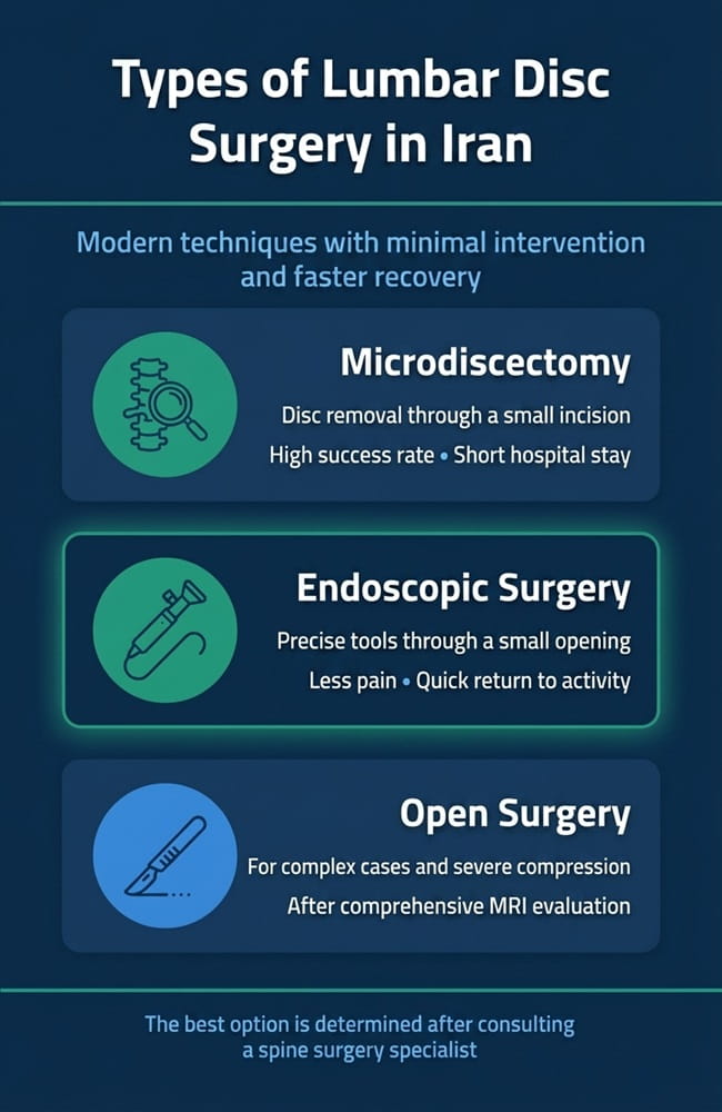 An informative spine care infographic showing three main types of lumbar disc surgery for herniated disc treatment in Iran by Ceritamed.