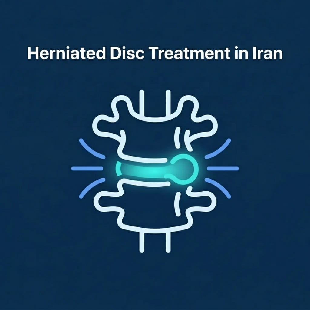 A professional medical graphic showcasing lumbar spine vertebrae structure and advanced options for herniated disc treatment in Iran by Ceritamed.