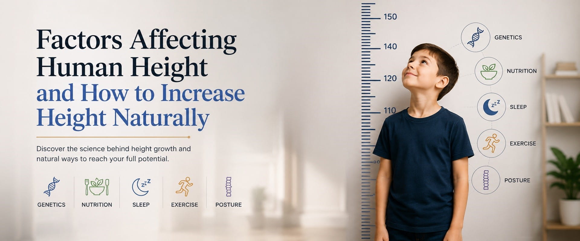 Educational infographic about factors affecting human height including genetics, nutrition, sleep, exercise, and posture with child growth chart illustration.