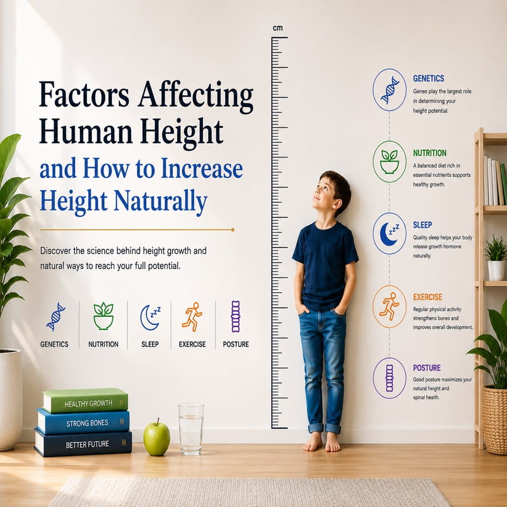 Educational infographic about factors affecting human height including genetics, nutrition, sleep, exercise, and posture with child growth chart illustration.