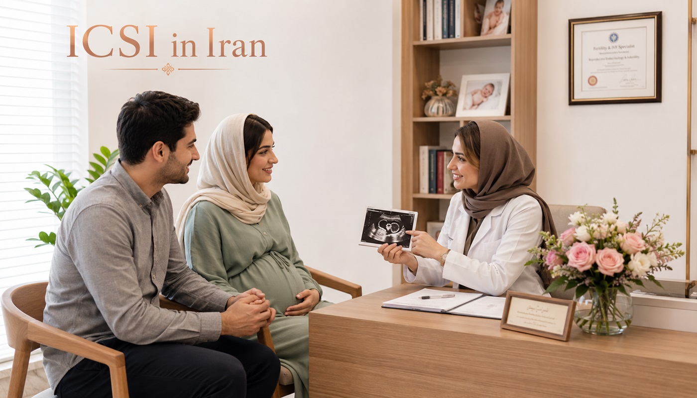 Pregnant couple attending an ICSI fertility consultation with a specialist doctor in Iran.