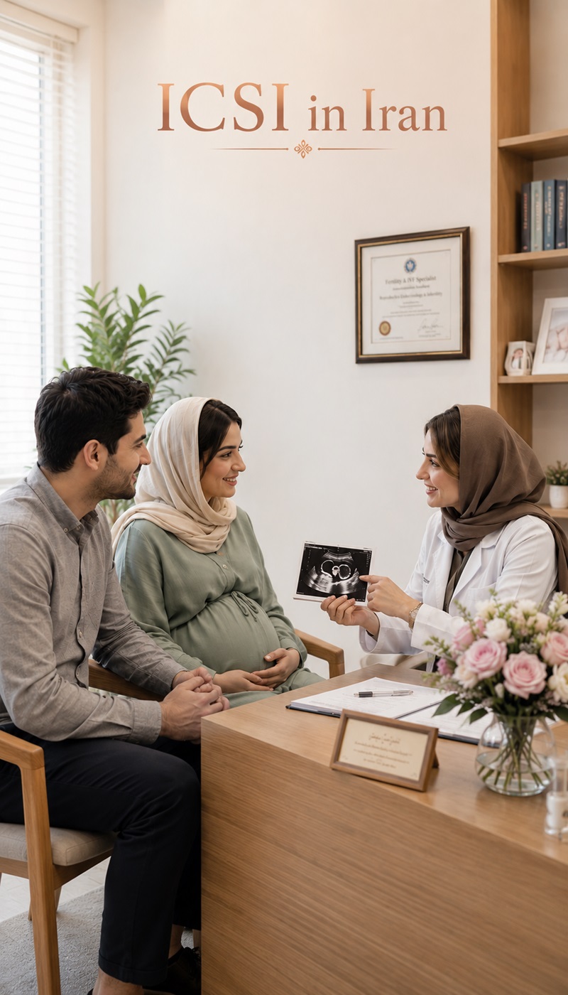Pregnant couple attending an ICSI fertility consultation with a specialist doctor in Iran.